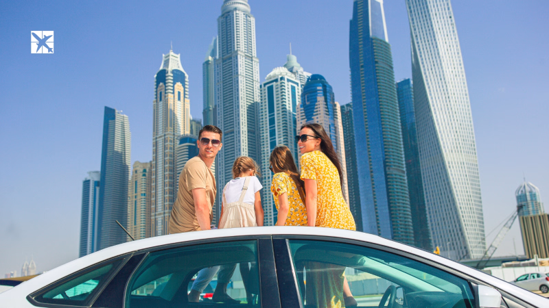 Family Posing Against Dubai Marina