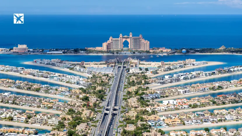 Dubai The Palm Jumeirah with Atlantis Hotel artificial island from above panorama luxury