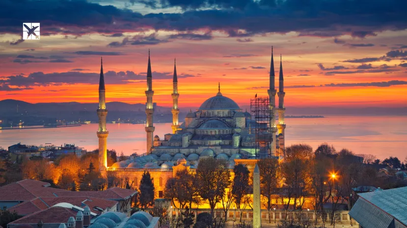 Image of the Blue Mosque in Istanbul, Turkey during dramatic sunrise.