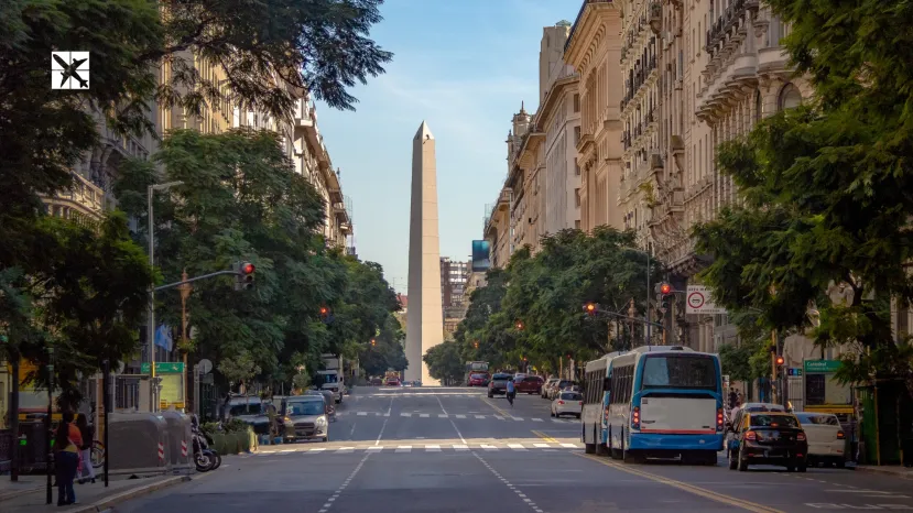 Corrientes Avenue with Obelisk on background - Buenos Aires, Argentina
